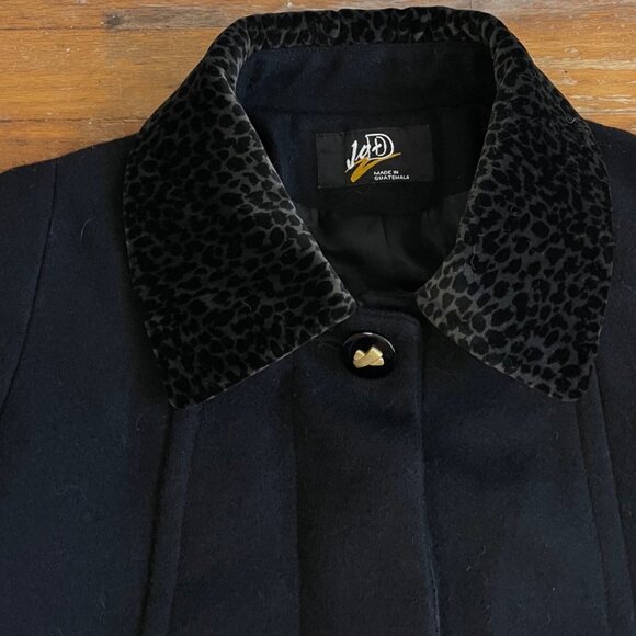 Vintage Leopard Velvet Trim Wool Coat Size Medium 80s Black Felted Overcoat - Picture 2 of 7